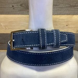 Navy Blue Leather Belt with White Stitching